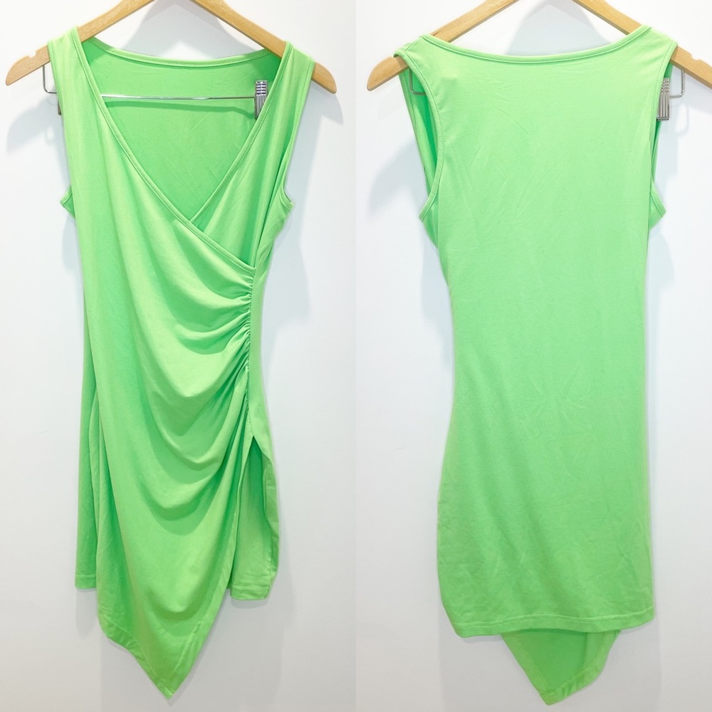 Neon Green Sleeveless V Neck Ruched Faux Wrap Asymmetrical Hem Dress